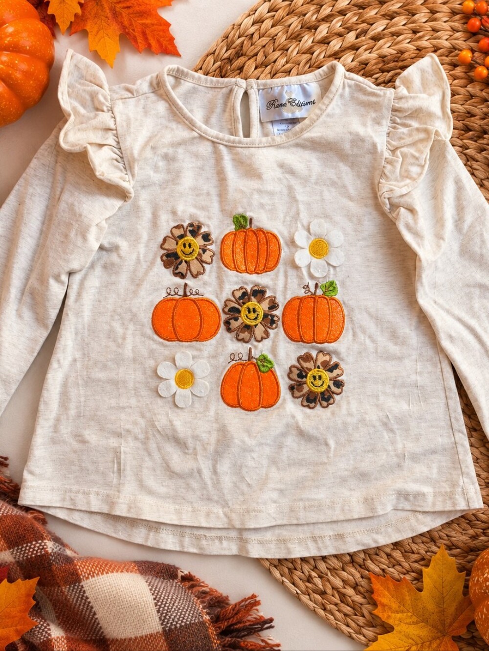 Rare Editions Girls 4 Pumpkin Floral Ruffle Fall Long Sleeve Top